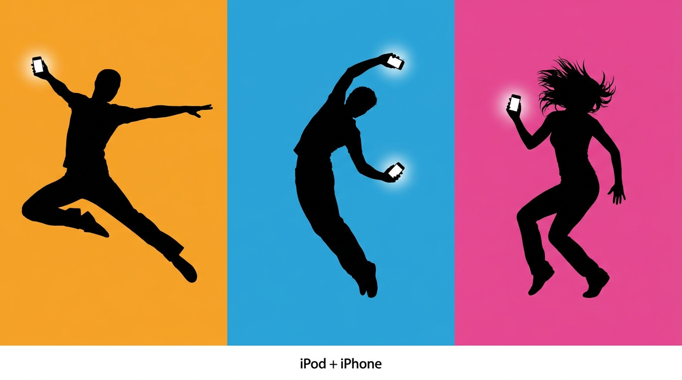 Three dancing silhouettes lit only by their glowing phone screens, on bold colour panels — iPod-ad style.